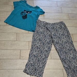 Faded Glory Women's XL Pajamas - Blue Top with Leopard Print Bottoms